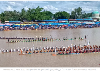 Sebagian peserta pacu jalur 2022 pada pembukaan 21-08-22. (sumber foto kepri.antaranews.com dari ANTARA Annisa Firdausi)